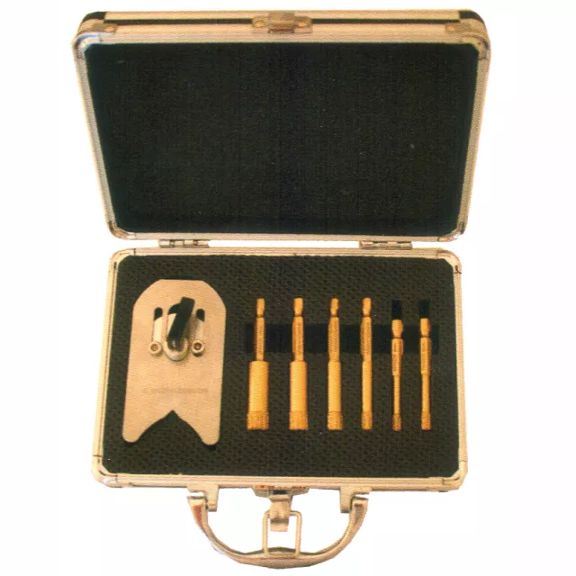 Diamantbohrkronen-Set 8 tlg.  2 Stk 6mm und je 1 Stk 8/10/12/14mm, Anbohrhilfe(Edelstahl) Alu-Koffer, Bit-Aufnahme