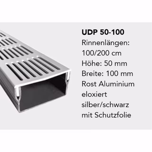 Entwässerungsrinne U-DRAIN 50 inkl. Rost silber elox./2,0   Höhe 50 mm, Breite 100 mm